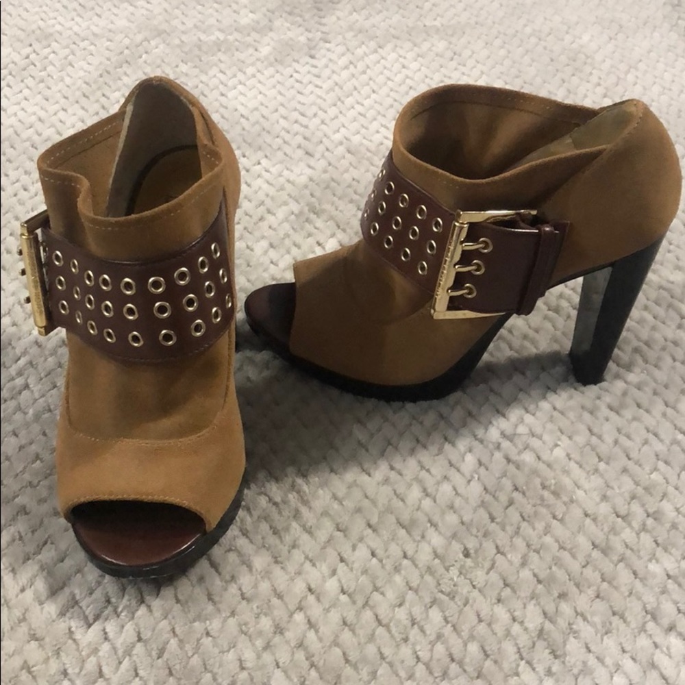 Michael Kors Tan Brown Suede Peep-Toe High Heel Booties with Grommet Strap